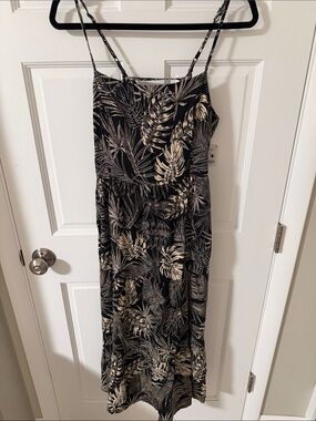 Ardene Tropical Leaf Linen Blend Spaghetti Strap Tiered Midi Dress Laced Back L